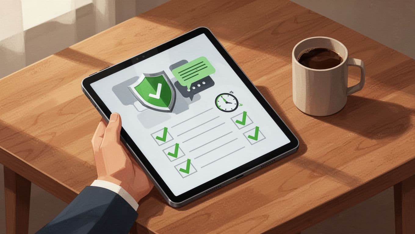 Modern illustration of a simple evaluation scorecard on a digital tablet held by one hand on a wooden desk next to a coffee mug, featuring icons for technical depth shield, communication speech bubble, and incident judgment clock with green checkmark accents.