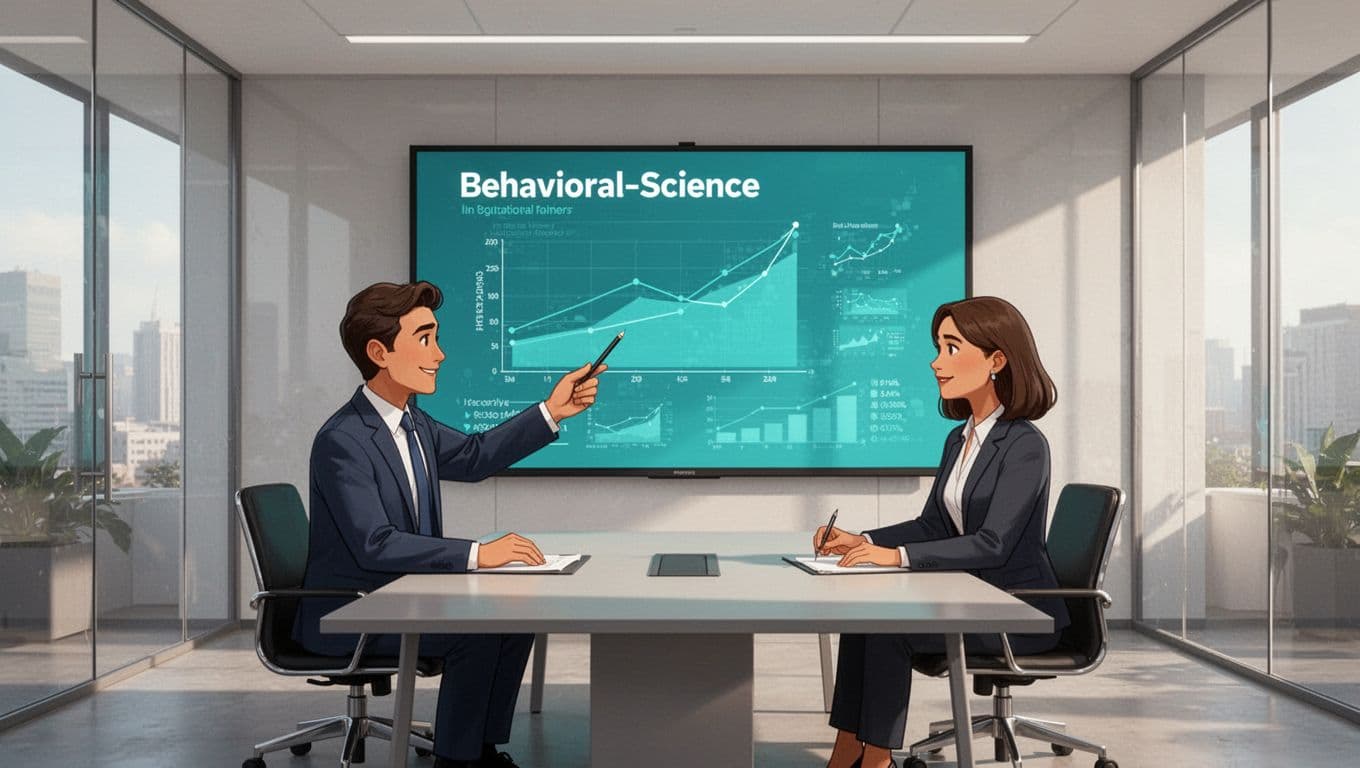 Interviewer gestures to screen with green-highlighted behavioral science charts during discussion with candidate in meeting room.