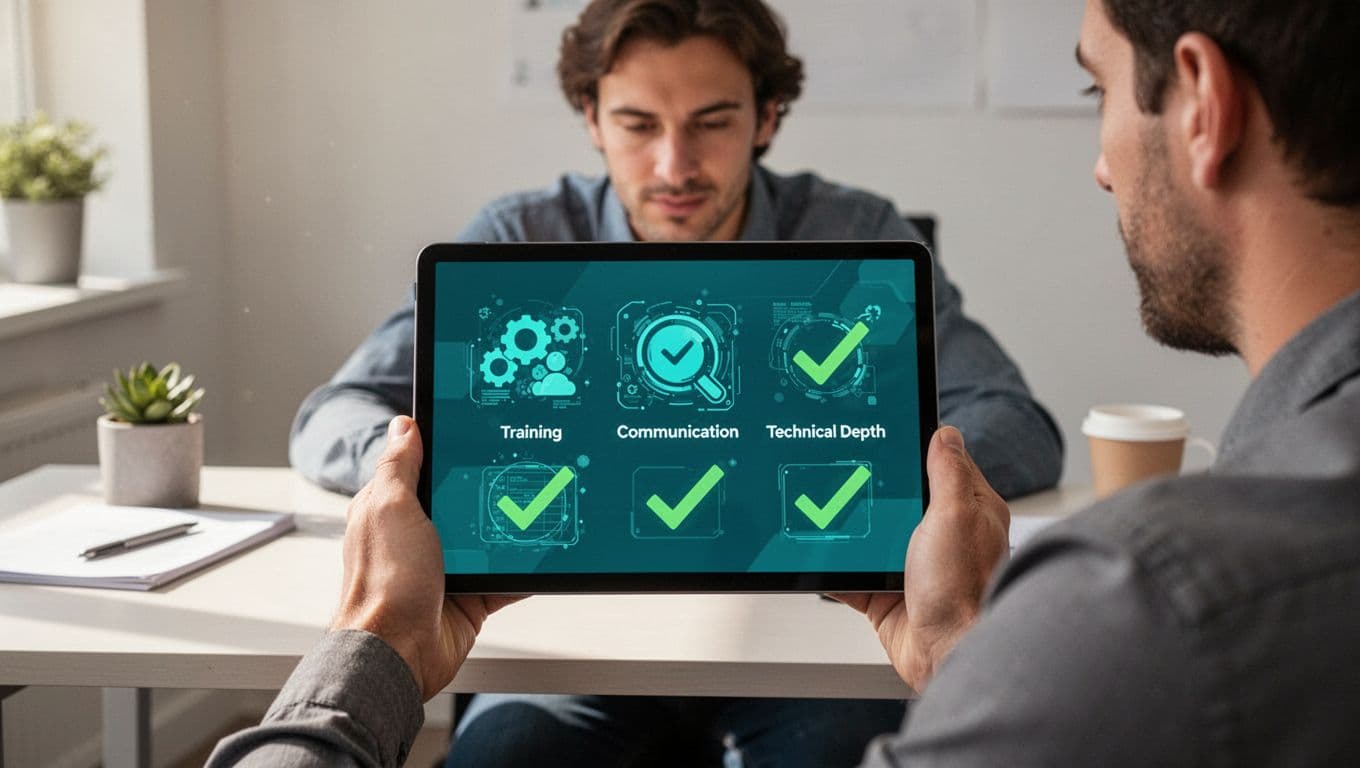Modern illustration of an interviewer examining a digital scorecard on a tablet for a security engineer role, feature abstract icons for skills like training, communication, and technical depth with green checkmarks.