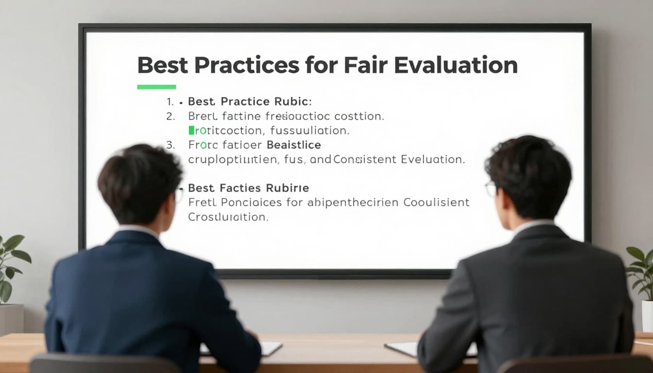 Modern illustration of two interviewers side by side at a conference table, discussing a candidate's code review output with notes and relaxed hands, emphasizing consistent rubric use and collaboration.