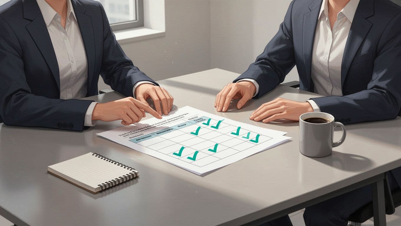 Two partial interviewers at a desk review a rubric sheet with scored criteria columns, notepad and coffee mug nearby in modern office.