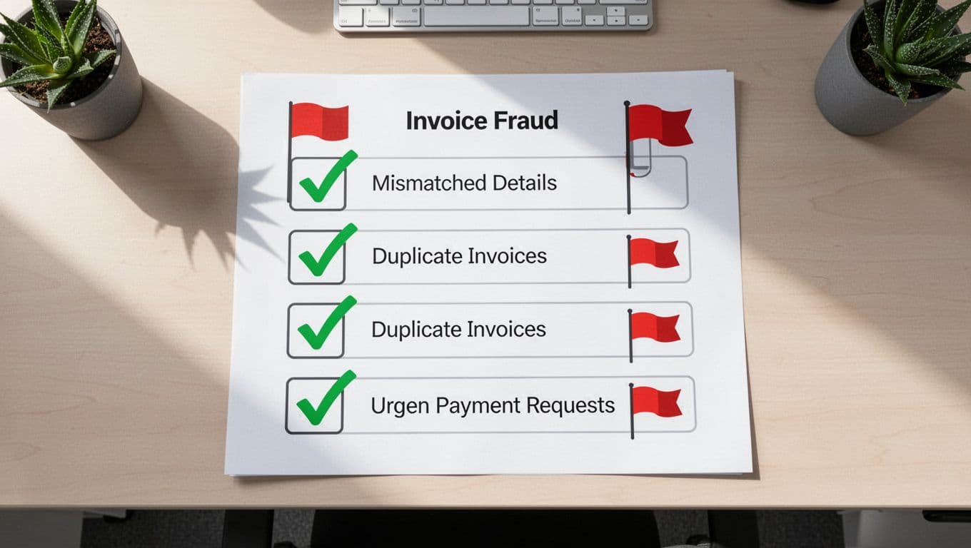 Modern top-down illustration of a checklist on an office desk with red flag icons highlighting invoice fraud indicators like mismatched details, duplicate invoices, and urgent payments, featuring clean shapes and green accents on checkmarks.