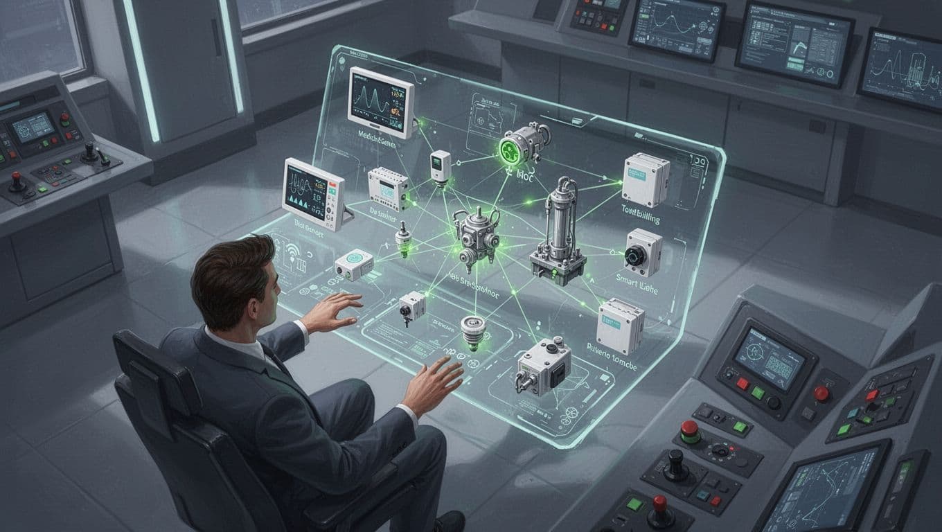 Interconnected IoT devices with glowing green vulnerabilities on a central dashboard viewed by one operator.