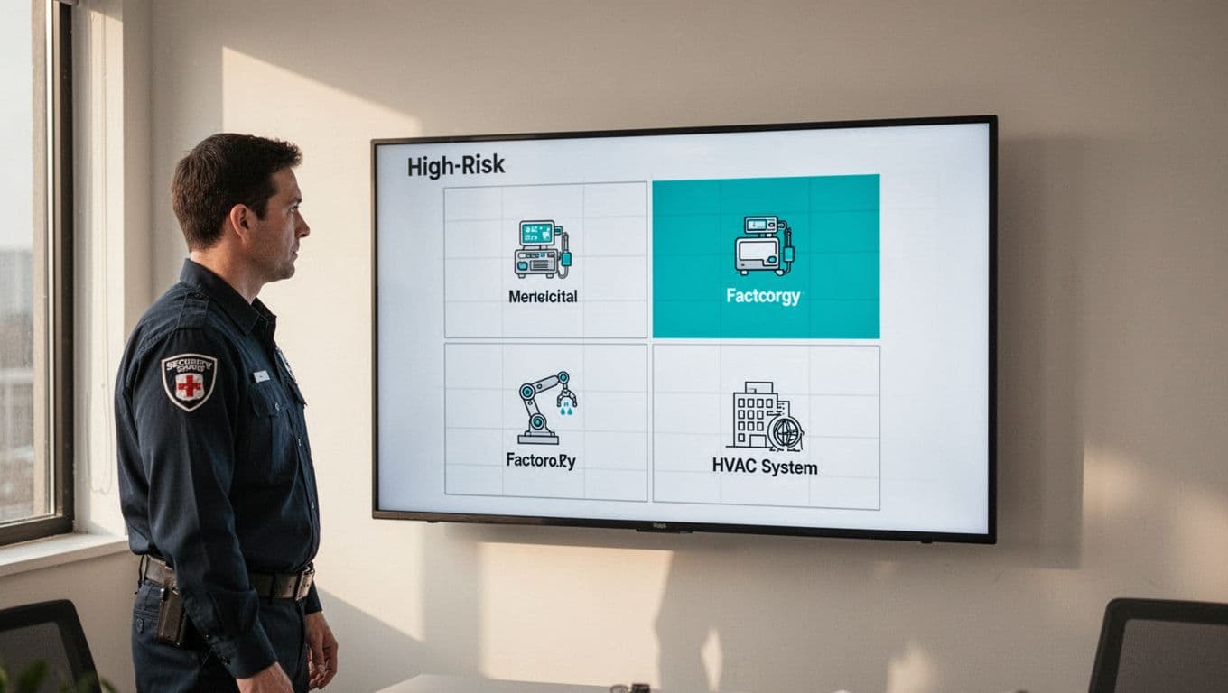 Security engineer reviews screen displaying priority matrix with IoT icons in quadrants, high-risk marked green.