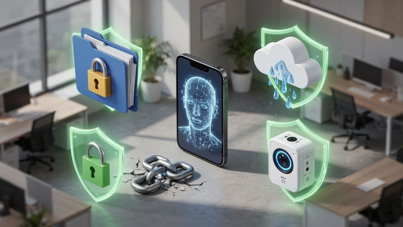Modern isometric illustration of cybersecurity threats like ransomware, deepfakes, data leaks, supply chain attacks, and vulnerable IoT devices, countered by glowing protective shields.