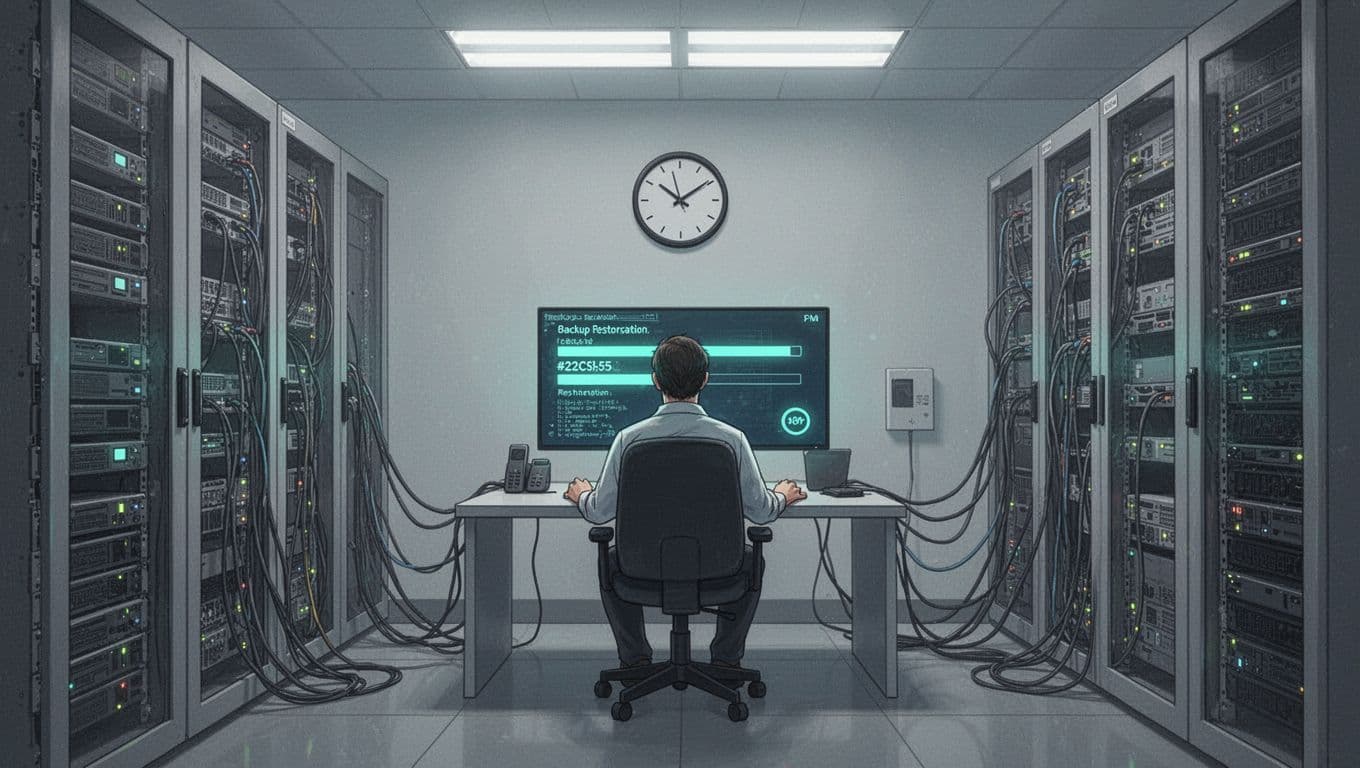Modern illustration of an IT admin monitoring progress bars on a console during backup restoration in a server room, with cables connecting servers and a clock indicating time passing to highlight restore delays.