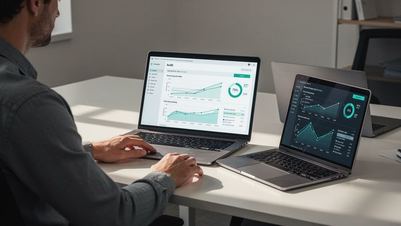 Modern illustration of an IT admin at a desk reviewing a remote laptop audit report on screen with asset status charts, one laptop nearby in a neutral office setting.