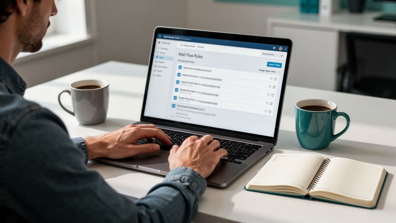 Modern illustration of an IT admin at a workspace with a laptop screen showing the blurred Microsoft 365 Exchange admin center focused on mail flow rules list, desk with coffee mug and notebook, clean design with green accents.
