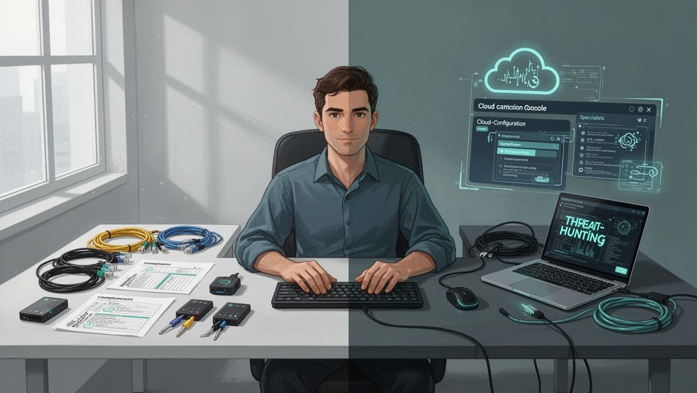 Modern split-screen illustration of an IT worker at a desk transitioning from generalist tools (network, compliance) to specialist tools (cloud config, threat hunting), with green accents on specialist side.
