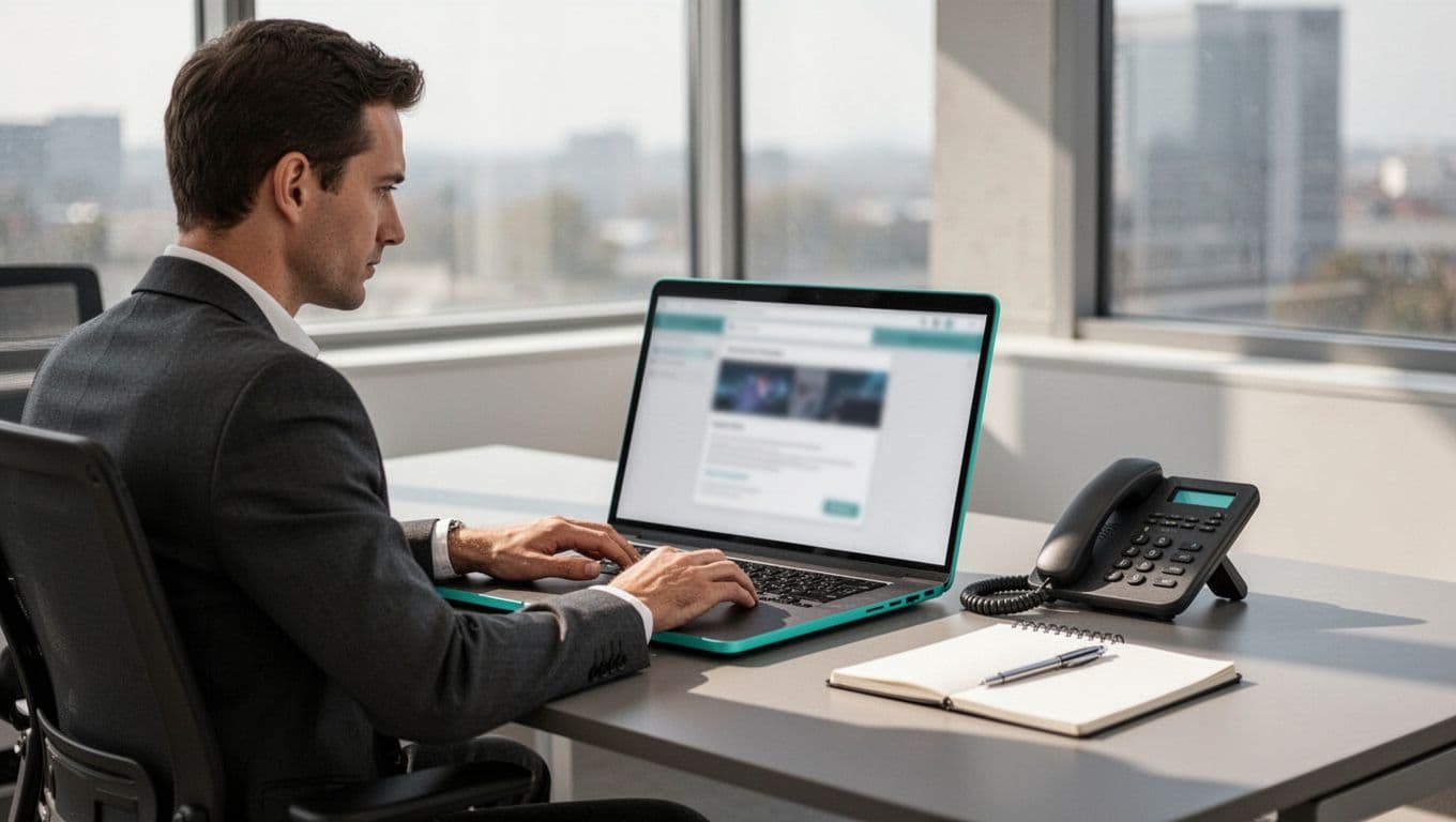 Professional IT manager seated at modern office desk with laptop displaying blurred cybersecurity website contact section, landline phone receiver nearby, notebook and pen, soft lighting, clean illustration style.