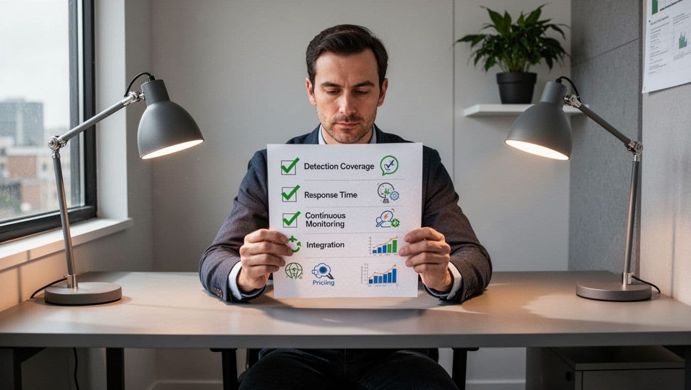 Focused IT manager in modern office holds printed checklist with detection icons, 24/7 clock, Microsoft integrations, pricing graphs, and green checkmarks.