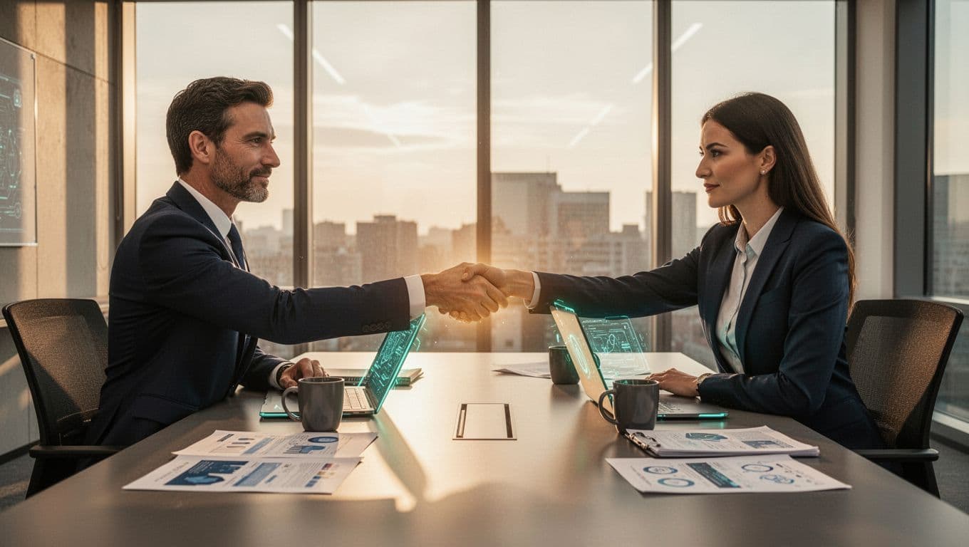 Modern illustration of one in-house IT manager in business attire shaking hands with two external cybersecurity consultants across a conference table featuring laptops, coffee mugs, and security reports in a clean office setting.