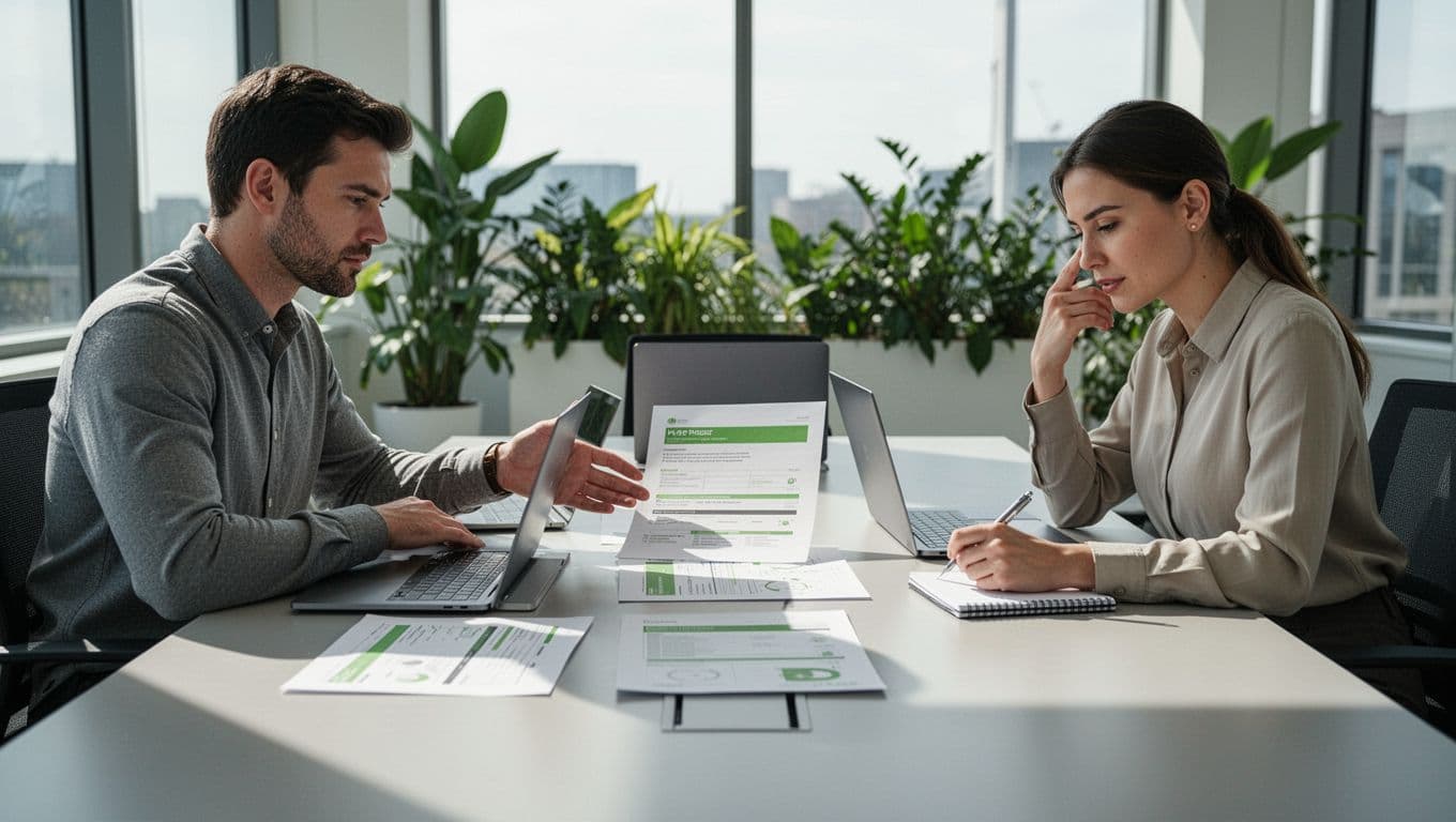 Two IT professionals in a modern conference room review printed security consultant proposals using laptops and documents, with one gesturing and the other taking notes amid clean office surroundings with natural light.
