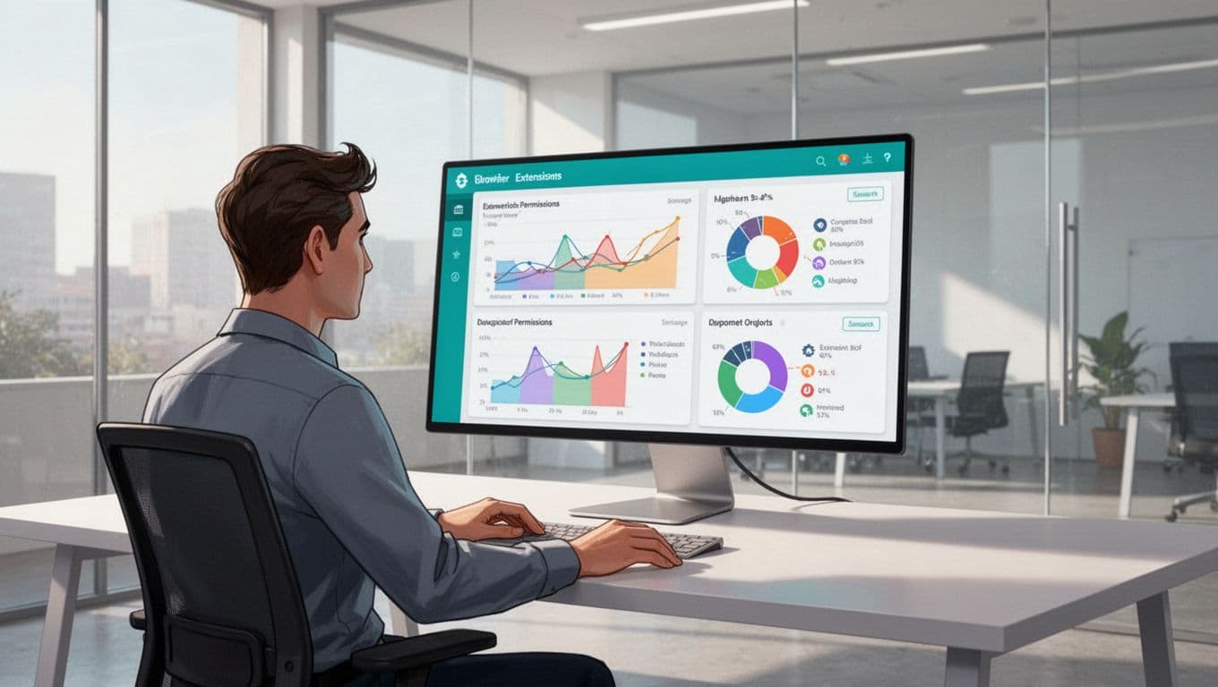 Modern illustration of an IT security administrator sitting at a desk in an office, viewing a large monitor dashboard that lists browser extensions and permissions across organizational endpoints, with charts displaying permission statistics and highlighted accents.