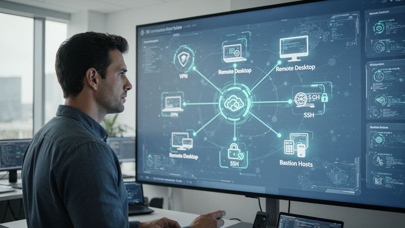 IT security engineer in a bright modern control room focused on a large screen displaying a digital network map with VPN, RDP, SSH, and bastion host icons.