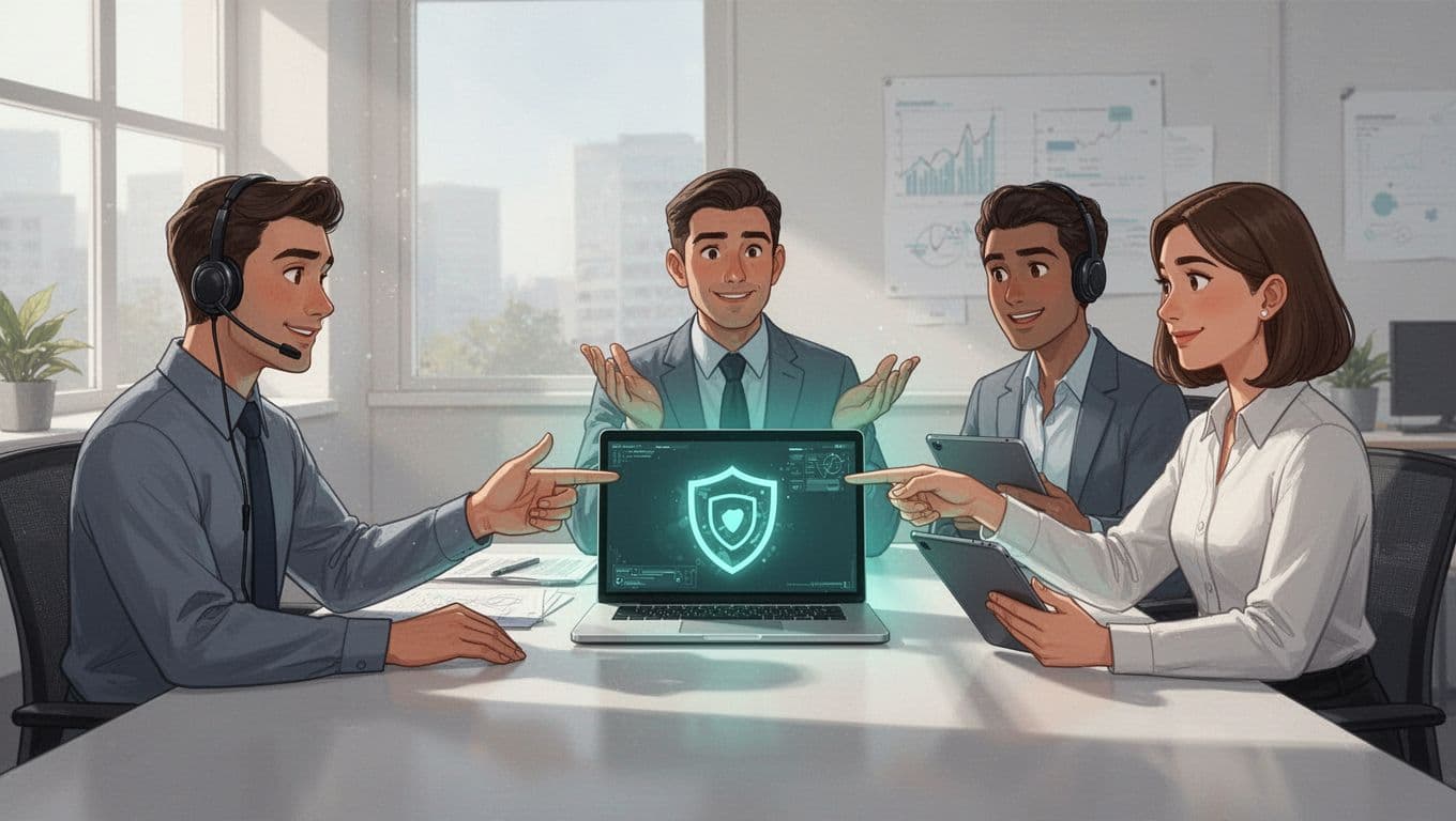 Modern illustration of three professionals—a security analyst in headset, IT admin with tablet, and helpdesk rep—seated around a conference table in a bright office, collaboratively pointing to a shared laptop screen showing a generic security alert icon.
