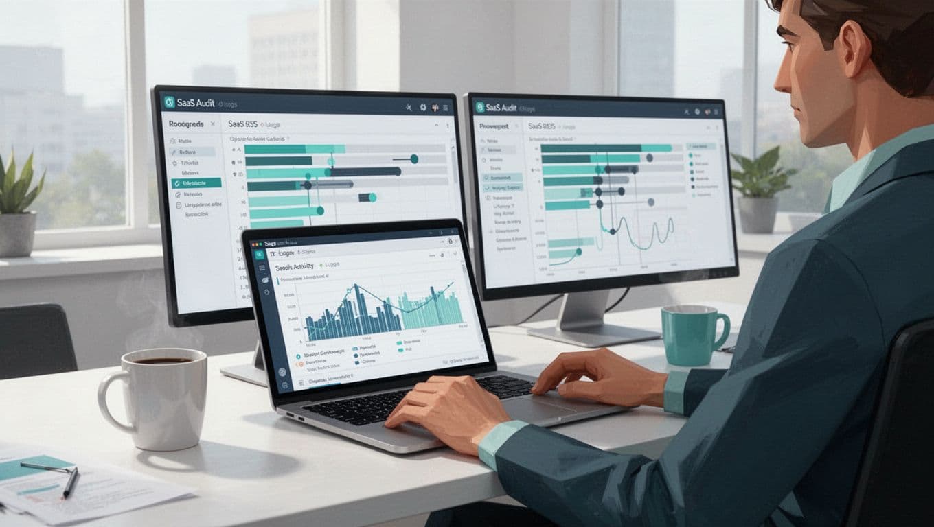 Modern illustration of one IT security professional at a desk in a bright office reviewing SaaS audit logs on two laptop screens with abstract log timelines and user activity graphs, coffee mug nearby.