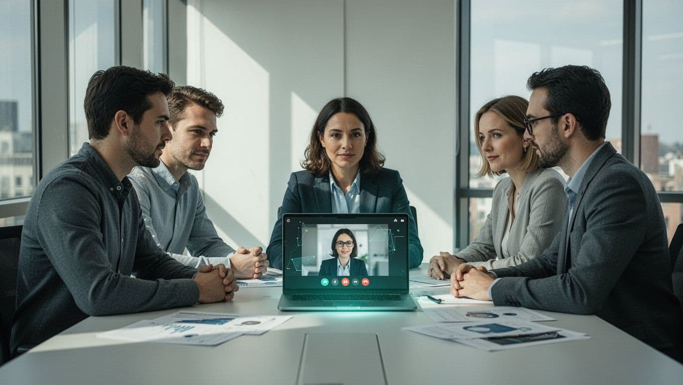 Modern illustration of a small IT security team of three people in a modern office on an urgent video call with an off-screen incident response consultant, featuring a laptop with generic charts and green accents.