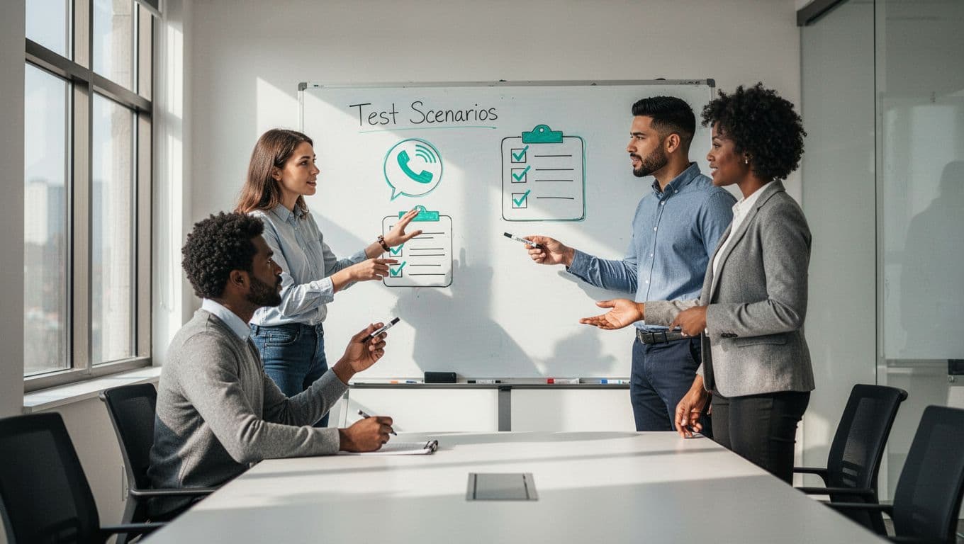 Three diverse professionals discuss identity test scenarios at a whiteboard with phone and checklist icons in a modern conference room.