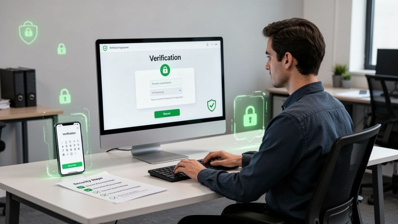 Modern illustration of an IT support agent at a desk with computer screens displaying identity verification steps, a phone showing MFA number matching prompt, and a nearby checklist in a clean office environment with green accents on secure elements.