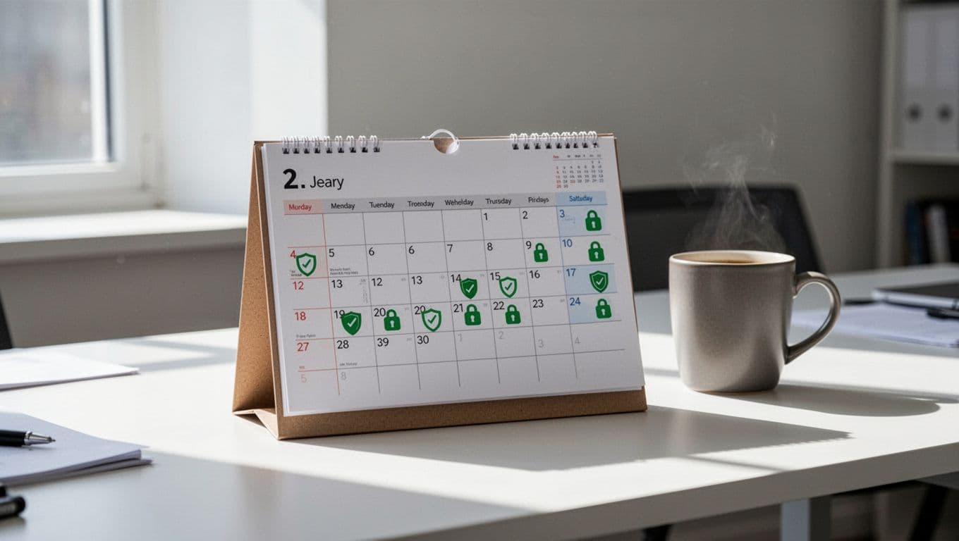 Modern illustration in clean shapes and controlled colors of a desk calendar open to January 2026 with subtle security icons like shield and lock in green accents on dates, office background with coffee mug.