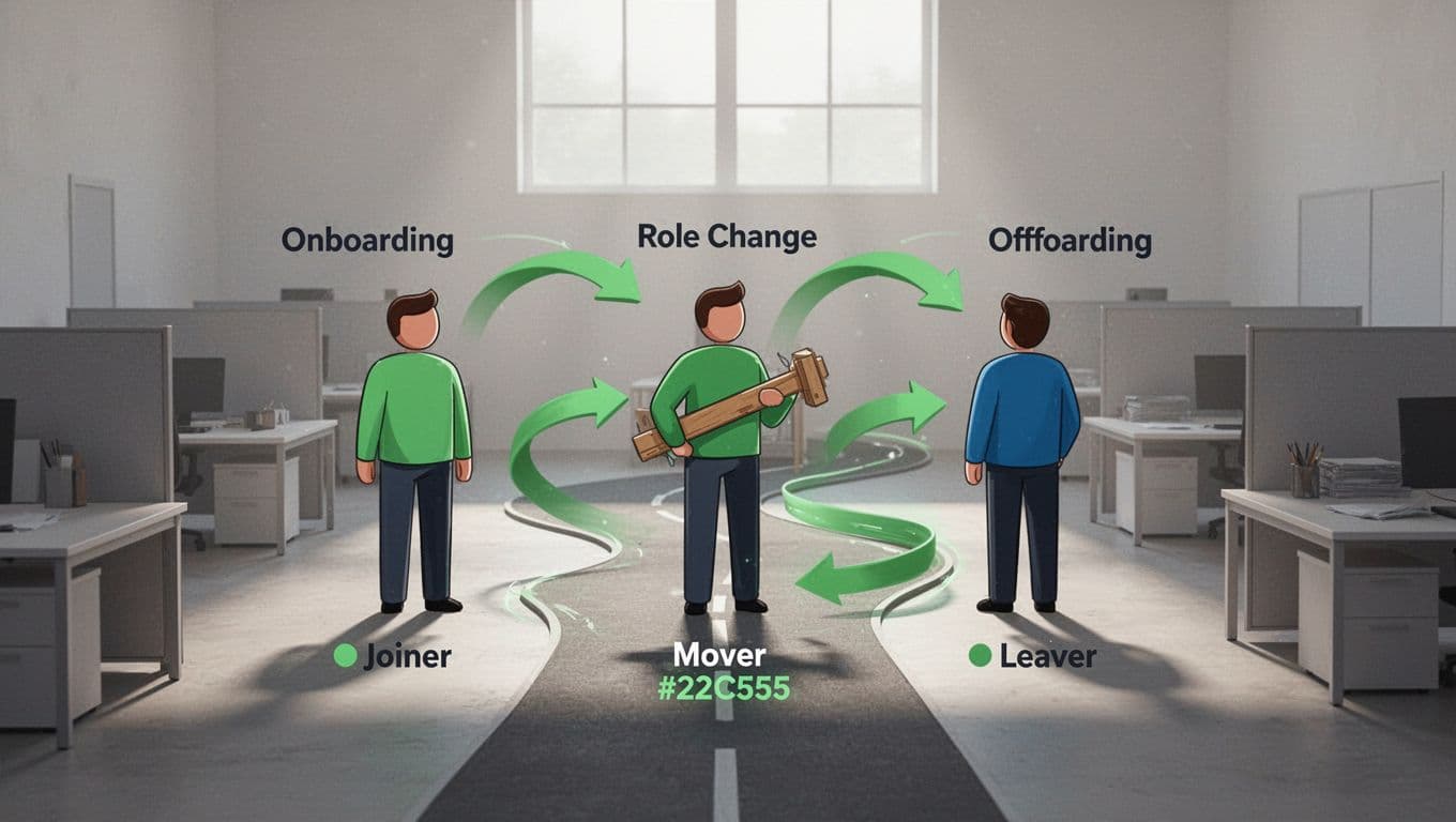 Modern minimalist illustration of a simple flowchart showing Joiner, Mover, Leaver stages in employee lifecycle security management with clean shapes, controlled colors, and accent arrows.