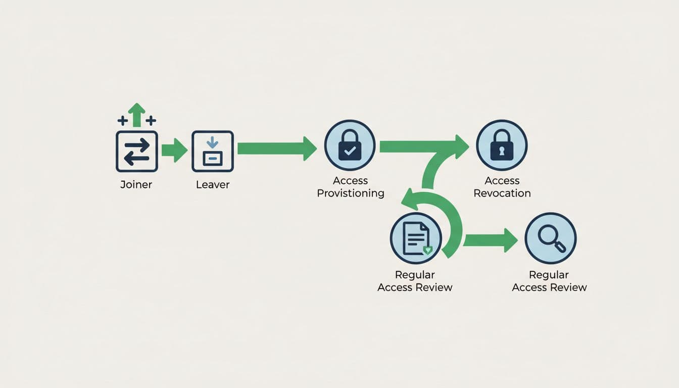 Abstract flowchart icons show joiner-mover-leaver processes and access certifications linked by green arrows on light background.
