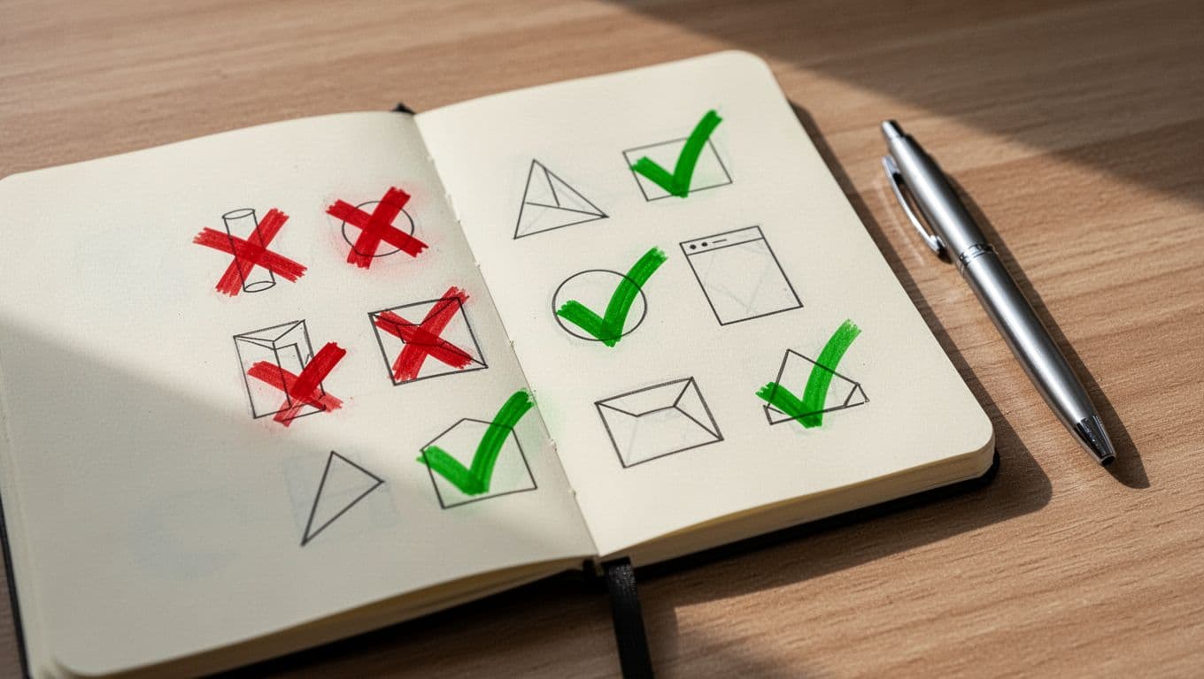 Modern illustration on a notepad showing red flags like 'must work all shifts' and 'no experience needed but 5 years required' crossed out, contrasted with green checkmarks for clear salary and role duties. Desk setting with pen, clean shapes, green accents, bright lighting, no people or extra text.