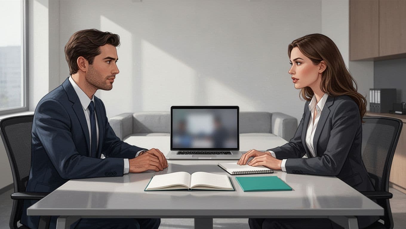 Modern illustration depicting a male interviewer and female candidate in a relaxed, focused conversation at an office desk with notepad and blurred laptop screen, using clean shapes, controlled colors, soft lighting, and green accents on notes.
