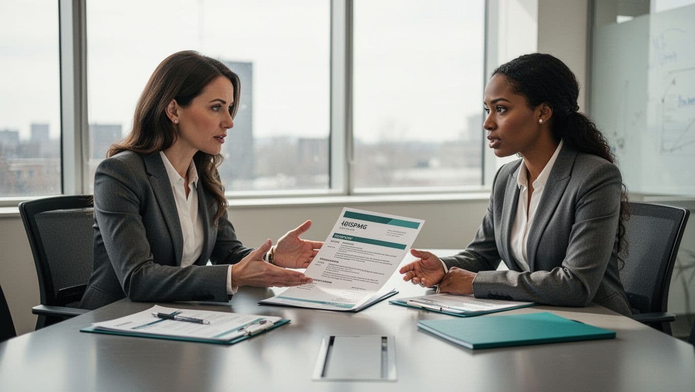 One hiring manager and one candidate seated at a conference table in a modern office, with the manager pointing at the resume as the candidate explains, featuring focused expressions and clean illustration style.