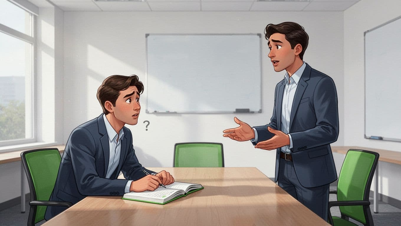 Modern illustration of two professionals in a bright conference room: interviewer leaning forward with puzzled expression at a table with notebook, candidate gesturing vaguely while speaking. Clean shapes, #22C55E accents, focus on faces and gestures.