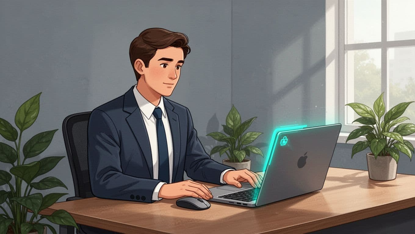 Modern illustration of a professional in business attire seated at a desk in a cozy office, with relaxed hands near a keyboard and mouse, a laptop displaying a blurred profile editing interface, and an open resume document nearby.