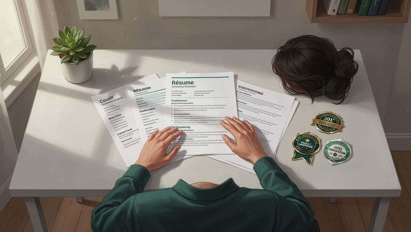 Modern illustration of a job seeker in a cozy home office preparing documents and resume on a desk, with cybersecurity certification badges nearby. Viewed from behind with relaxed hands, clean shapes, and green accents.