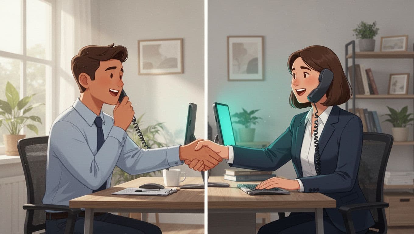 Job seeker in home office on phone call with recruiter, virtual professional handshake via split screen composition, modern clean illustration with green glow accent.