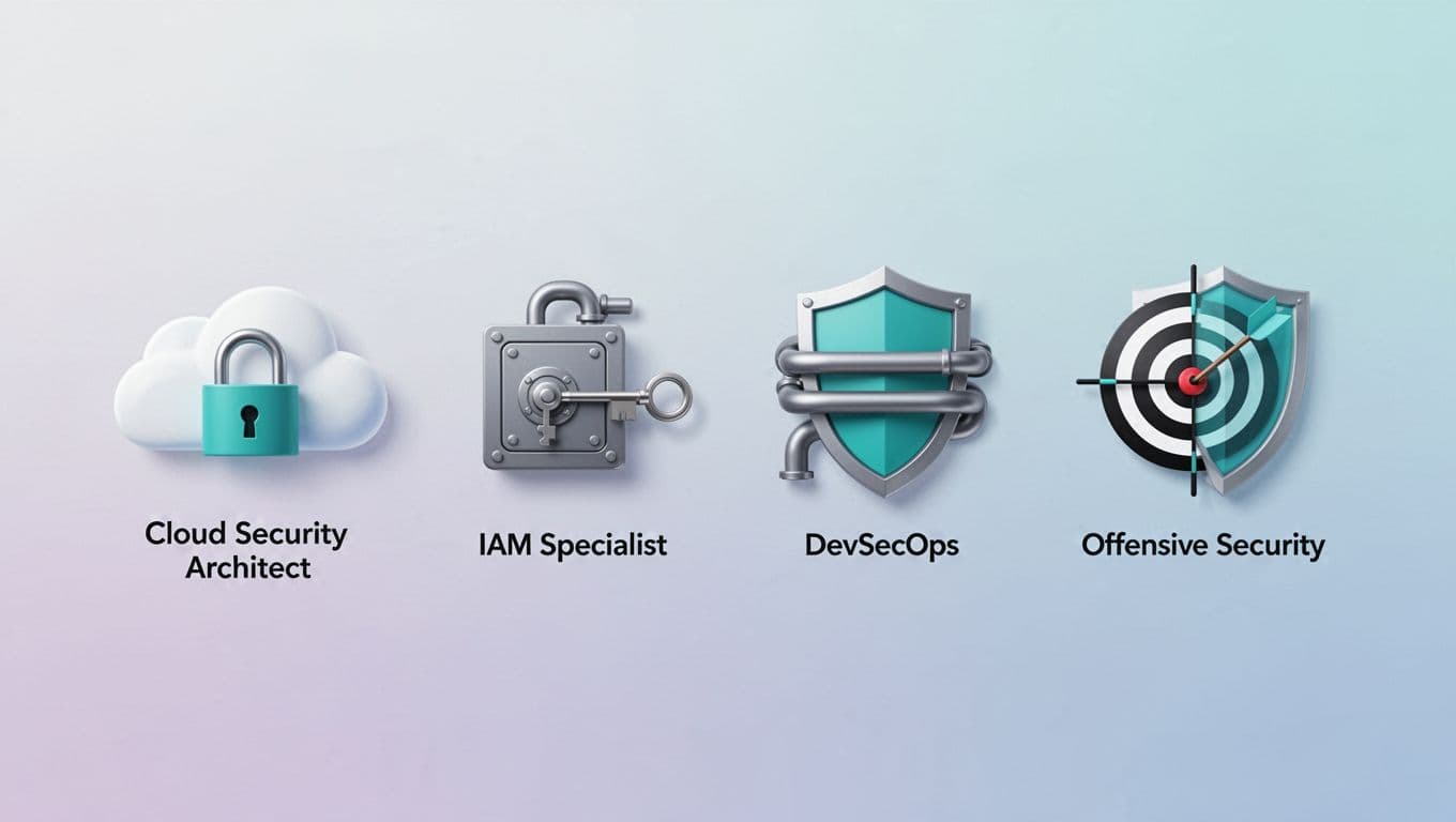Modern illustration with clean shapes depicting icons for key cybersecurity roles: locked cloud for cloud security architect, secure key vault for IAM specialist, shielded pipeline for DevSecOps, and target with shield for offensive security. Horizontal arrangement on subtle gradient background with green accents, no text or extra elements.