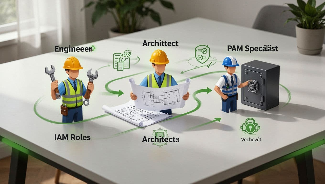 Modern illustration of icons representing IAM roles including engineer with tools, architect blueprint, PAM specialist vault, and stylized Okta and SailPoint logos, arranged in a workflow on a table with clean composition, soft lighting, and green accents.