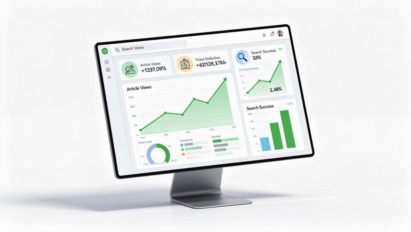 Desktop screen at angle shows charts with rising trends for article views, ticket deflection, and search success.