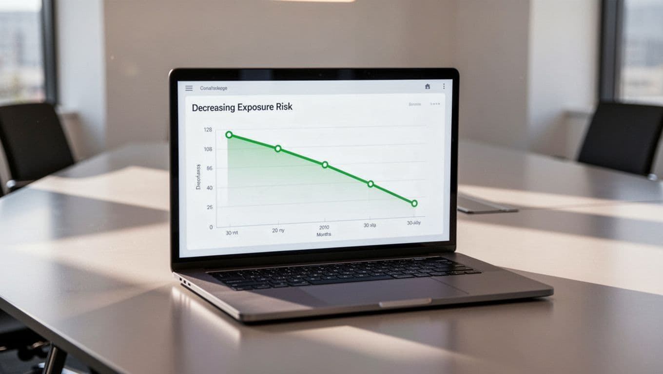 Laptop on conference table shows line chart with downward exposure risk trend over months.