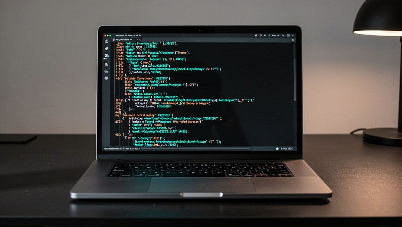 Modern illustration of a laptop screen displaying a terminal window running 'dig example.com ANY' command showing sample A, MX, TXT, NS records output. Clean shapes, controlled colors with green accent on command prompt and key records, dark terminal background.