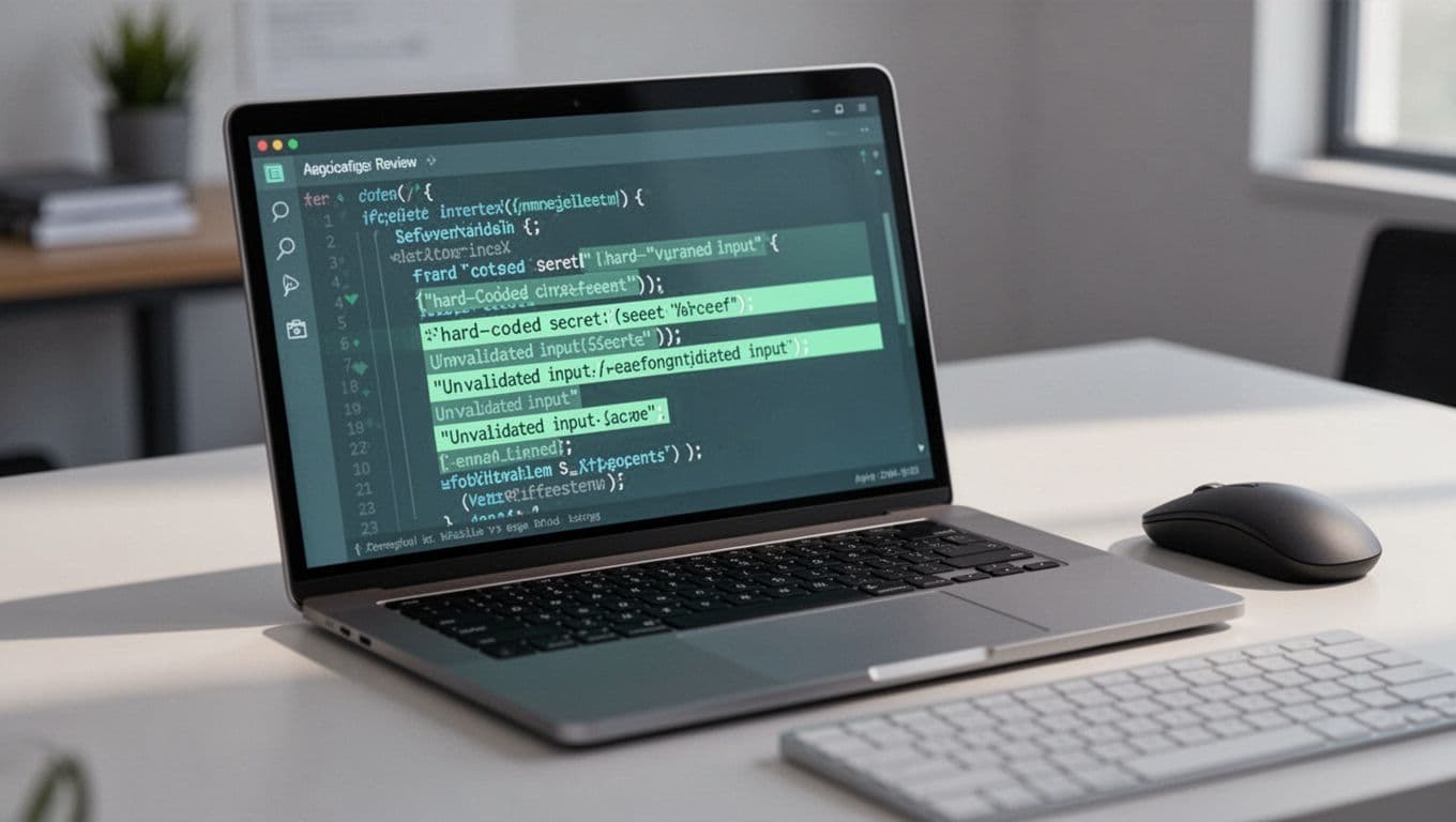 Laptop screen displays GitHub pull request diff with green highlights on vulnerable code lines, angled on desk with mouse and keyboard nearby.