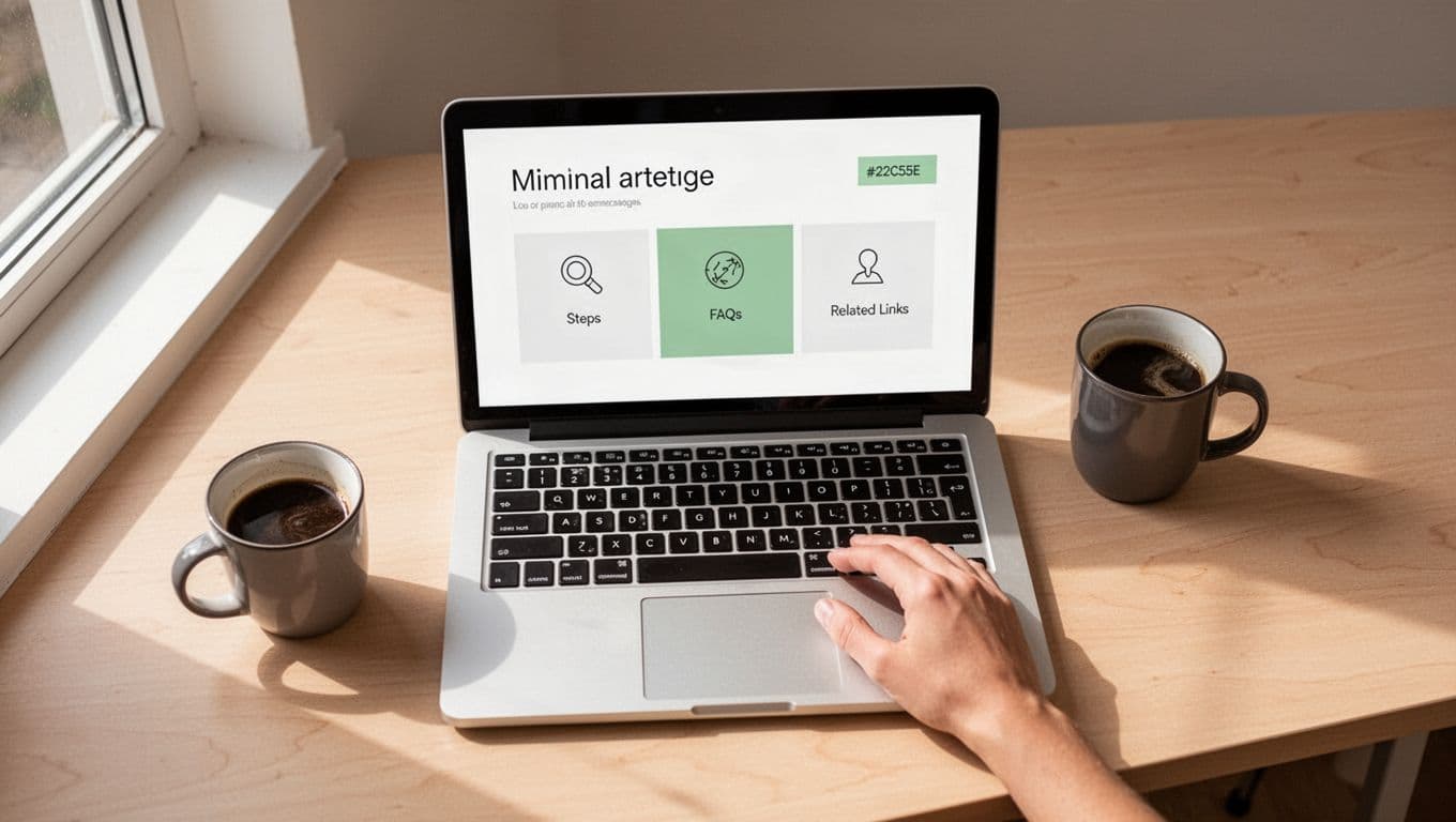 Overhead view of laptop on desk displaying security article layout with icons for steps, FAQs, and links, coffee mug and hand nearby.
