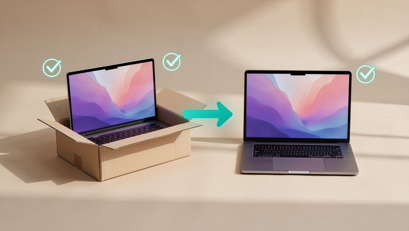 Modern illustration of a workflow diagram showing laptop shipping to a remote employee, followed by acknowledgment and assignment in the registry, using clean icons and green arrow accents.
