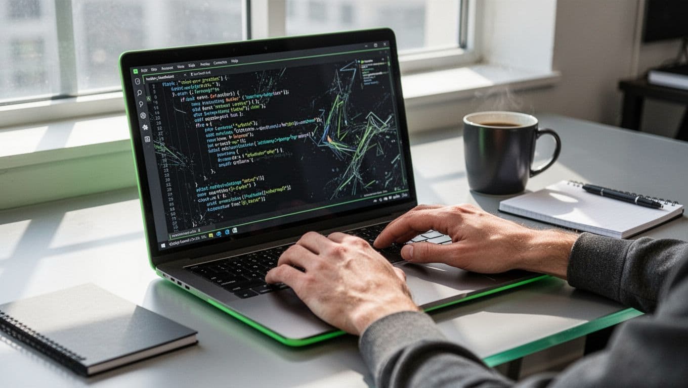 Laptop on office desk shows terminal with blurred certificate details, hands on keyboard, mug and notepad nearby.