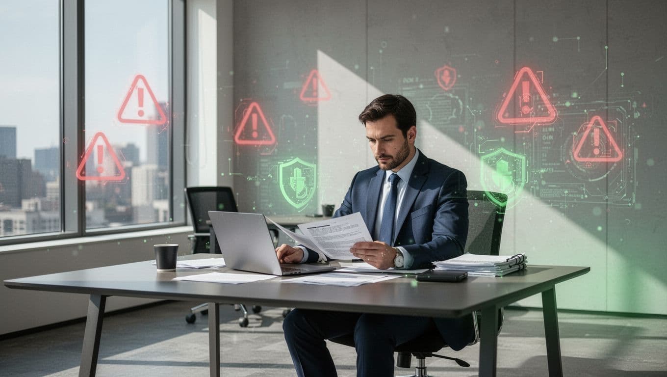Modern illustration of a professional law firm office with one lawyer at a desk reviewing laptop documents, subtle cyber threat overlays like ransomware icons and phishing emails, secure green accents, natural lighting.