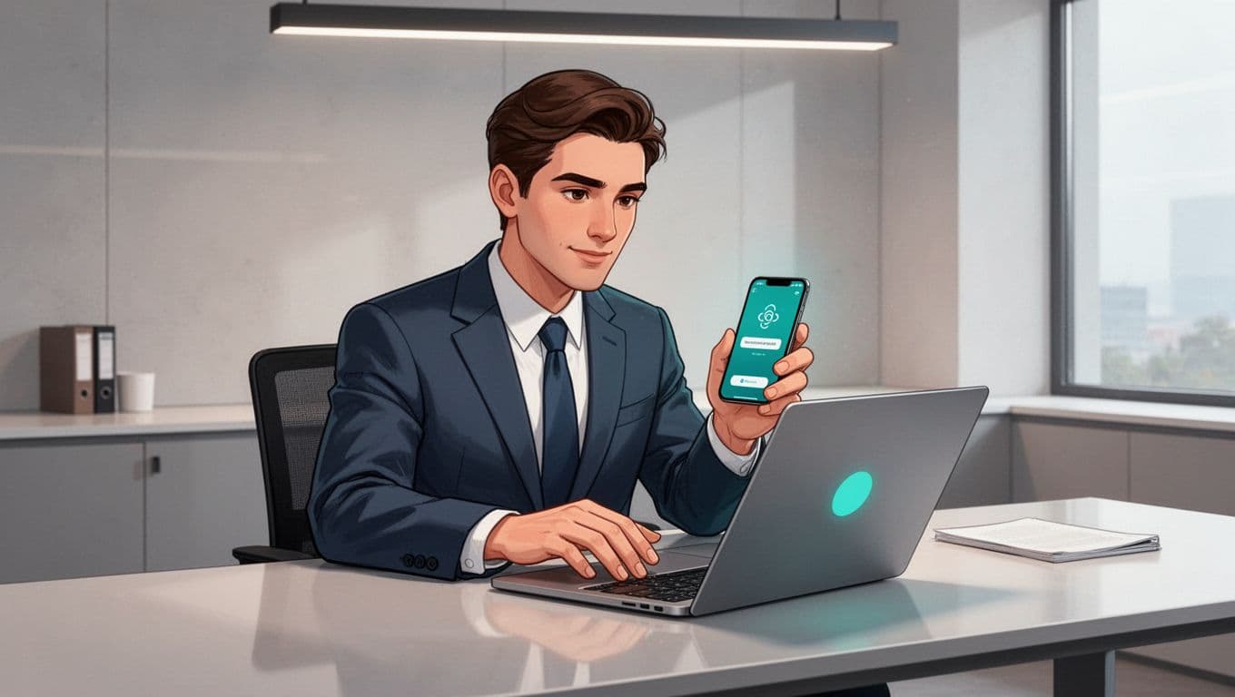 Modern illustration of a confident lawyer in a contemporary office authenticating login on a laptop using a smartphone for secure multi-factor authentication, with a blurred approval screen on the phone and green success accent.