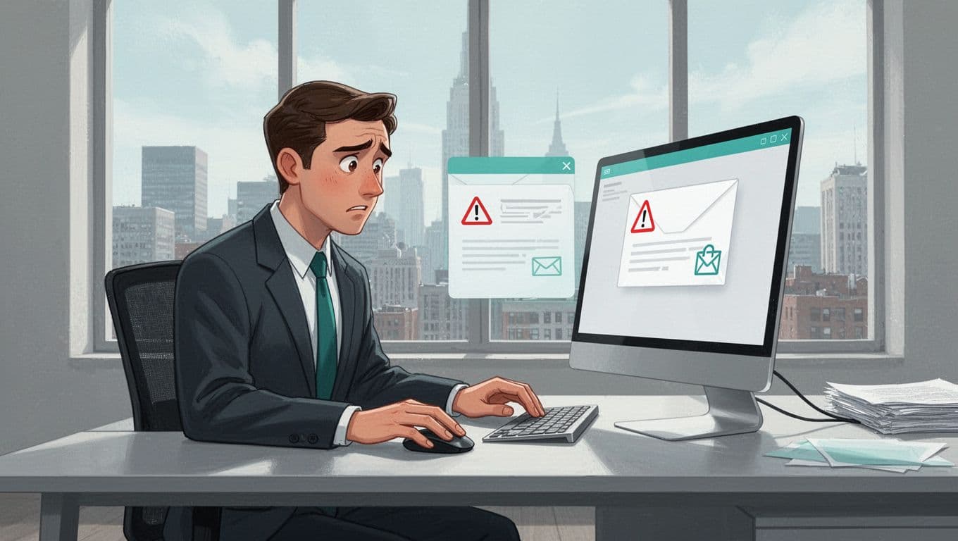 Lawyer in modern office hovers mouse over angled screen view of fake court notice email, concerned expression.