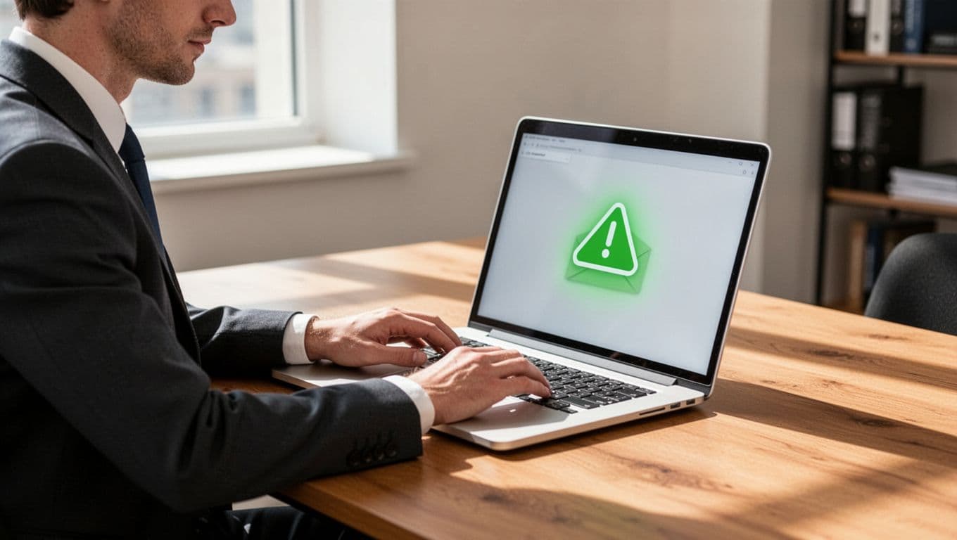 Modern illustration of a lawyer at a wooden desk in a bright office, focused on a laptop displaying a phishing email mimicking an urgent DocuSign signing request. Side-angle view emphasizes caution with green warning highlights.
