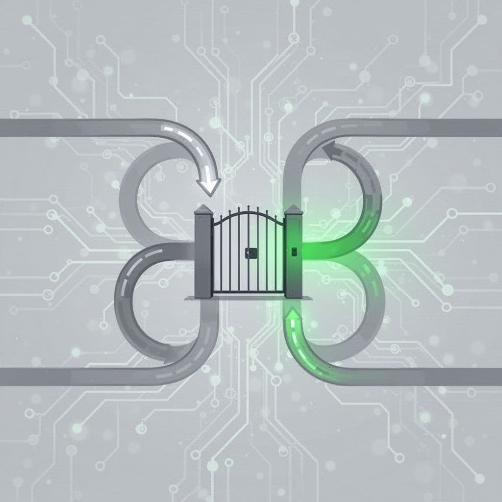 Modern clean illustration depicting a warning over a legacy app icon bypassed by an arrow around an MFA gate, contrasted with a secure green MFA enforcement path and network elements.