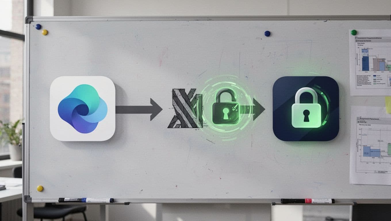 Modern illustration in clean shapes showing a step-by-step migration from legacy app icons to secure modern SSO-integrated app, with barriers turning into locks using green accents in a simple flowchart style.
