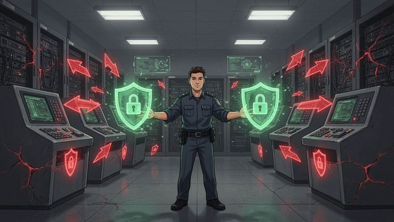 Vintage mainframe computers in a dimly lit server room with glowing red digital threat icons approaching, as a lone security engineer applies green protective shields and locks. Modern illustration style emphasizing legacy system vulnerabilities and compensating security measures.